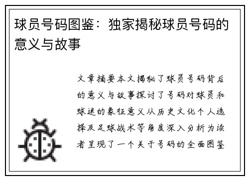 球员号码图鉴：独家揭秘球员号码的意义与故事